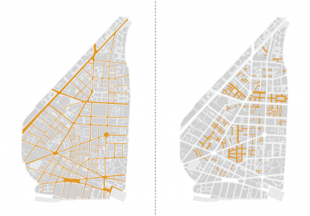 <a class="fancybox" rel="gallery-images" href="https://passageways.clustermappinginitiative.org/sites/default/files/styles/largest/public/streets_vs_passageways_0.png?itok=pqA3B8y2" title="شبكة الشوارع في مقابل شبكة الممرات">تكبير</a><br >شبكة الشوارع في مقابل شبكة الممرات